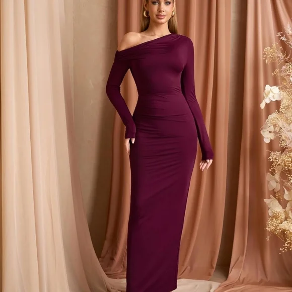 Women's Long Sleeve Bodycon Maxi Dress One Shoulder Ruched Fall Formal Wedding G - Picture 1 of 6